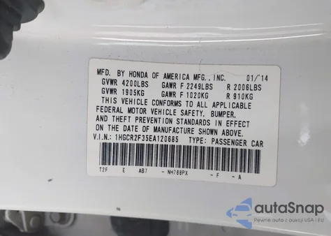 2014 Honda Accord Lx z USA, uszkodzony, nr VIN 1HGCR2F35EA120685